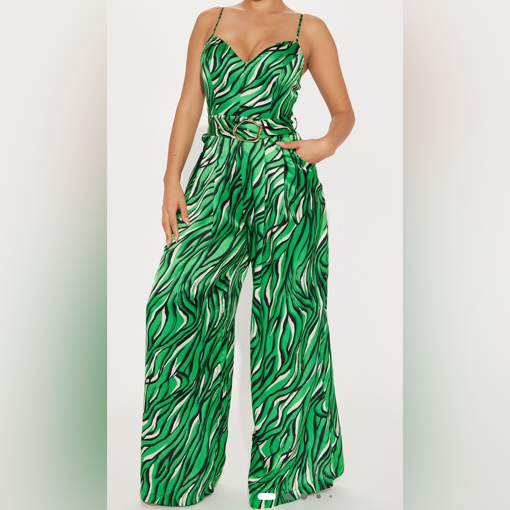 Fashion Nova Green and Black Wide Leg Jumpsuit